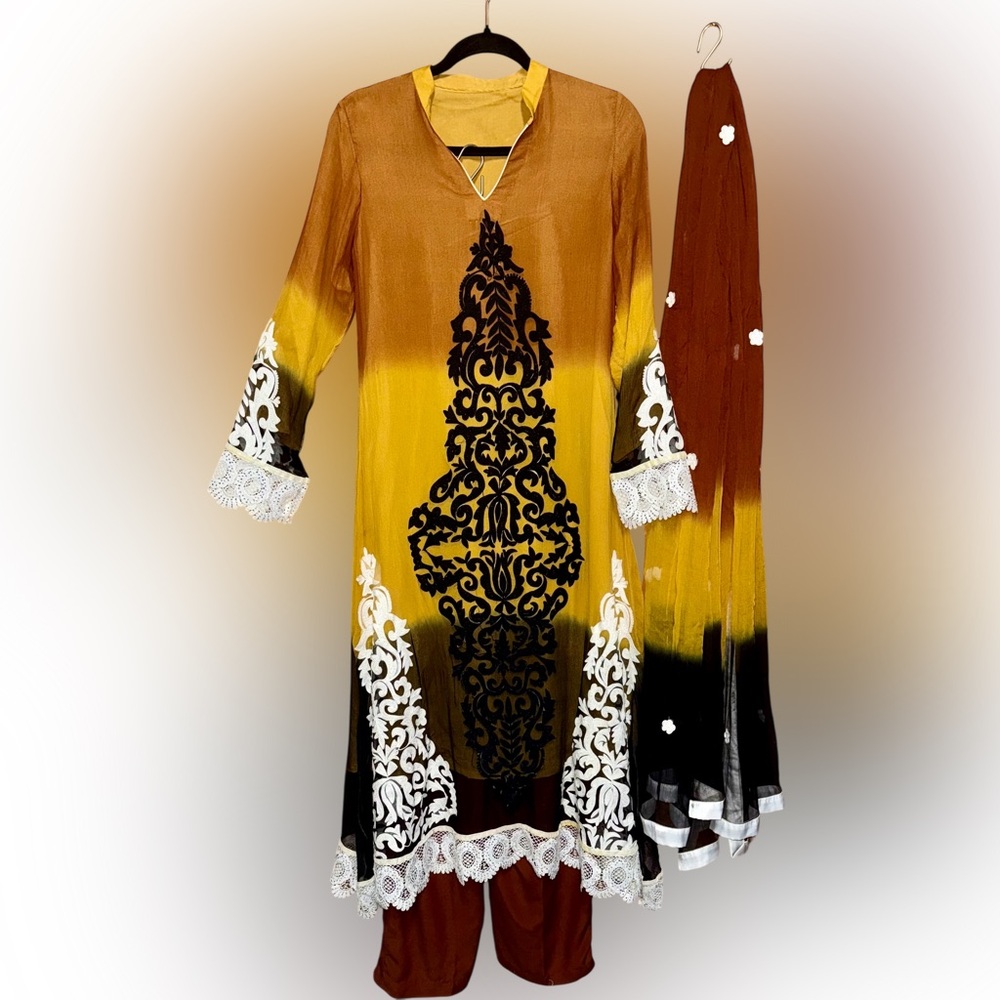 Women's Kurtas set Yellow and Brown Embroidered Dress with Lace, Pants & Dupatta